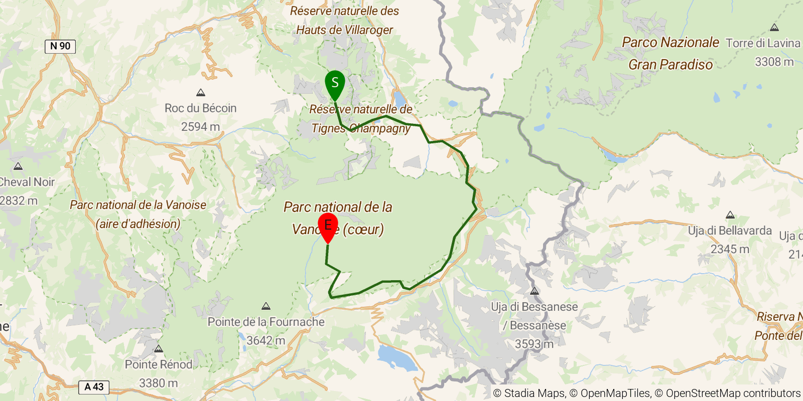 Route map of the GR5 Alpine Traverse — Stages 10–12: Refuge Entre-le-Lac to Refuge Plan du Lac on OpenStreetMap terrain