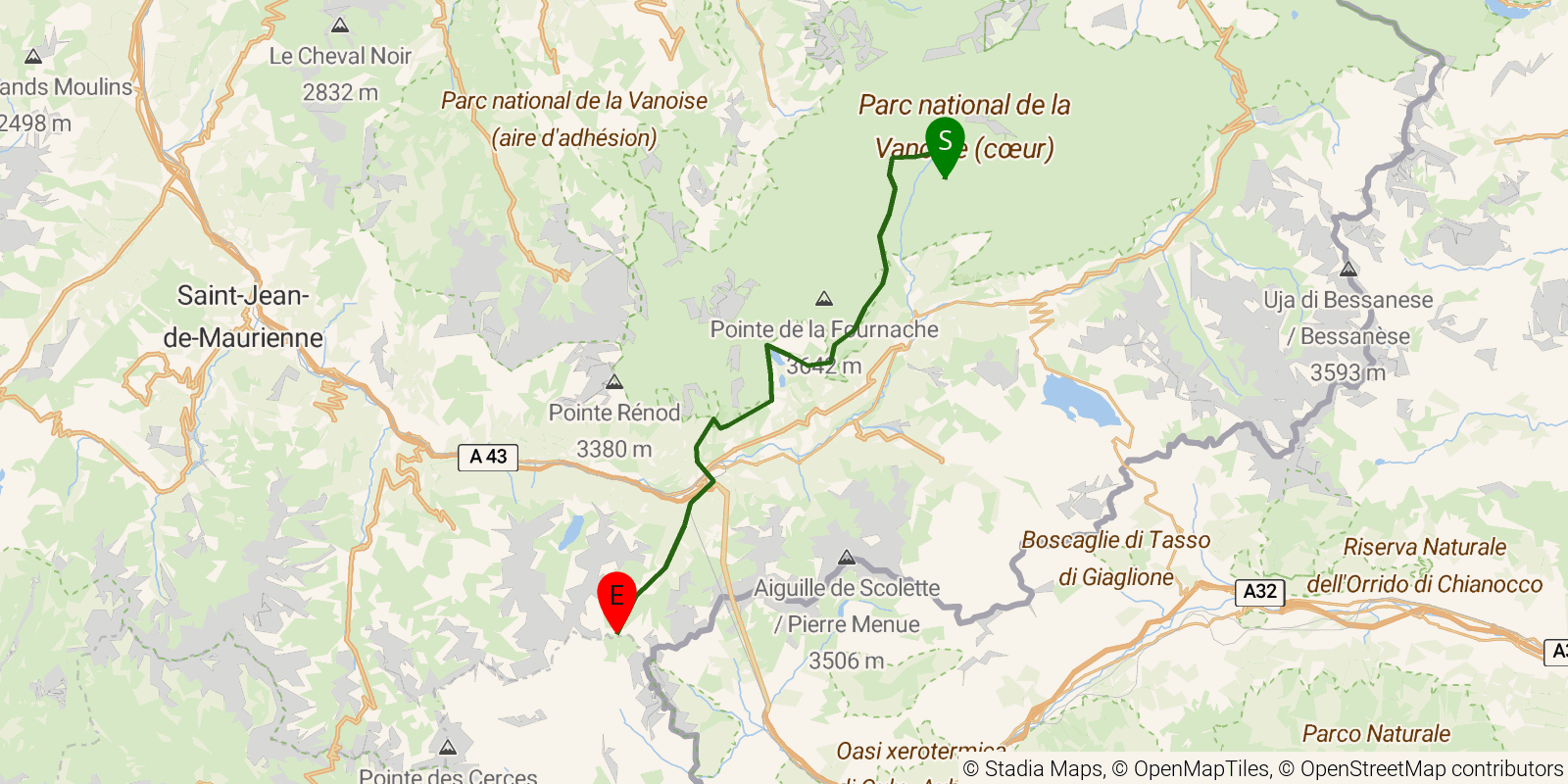 Route map of the GR5 Alpine Traverse — Stages 13–15: Refuge Plan du Lac to Refuge du Thabor on OpenStreetMap terrain