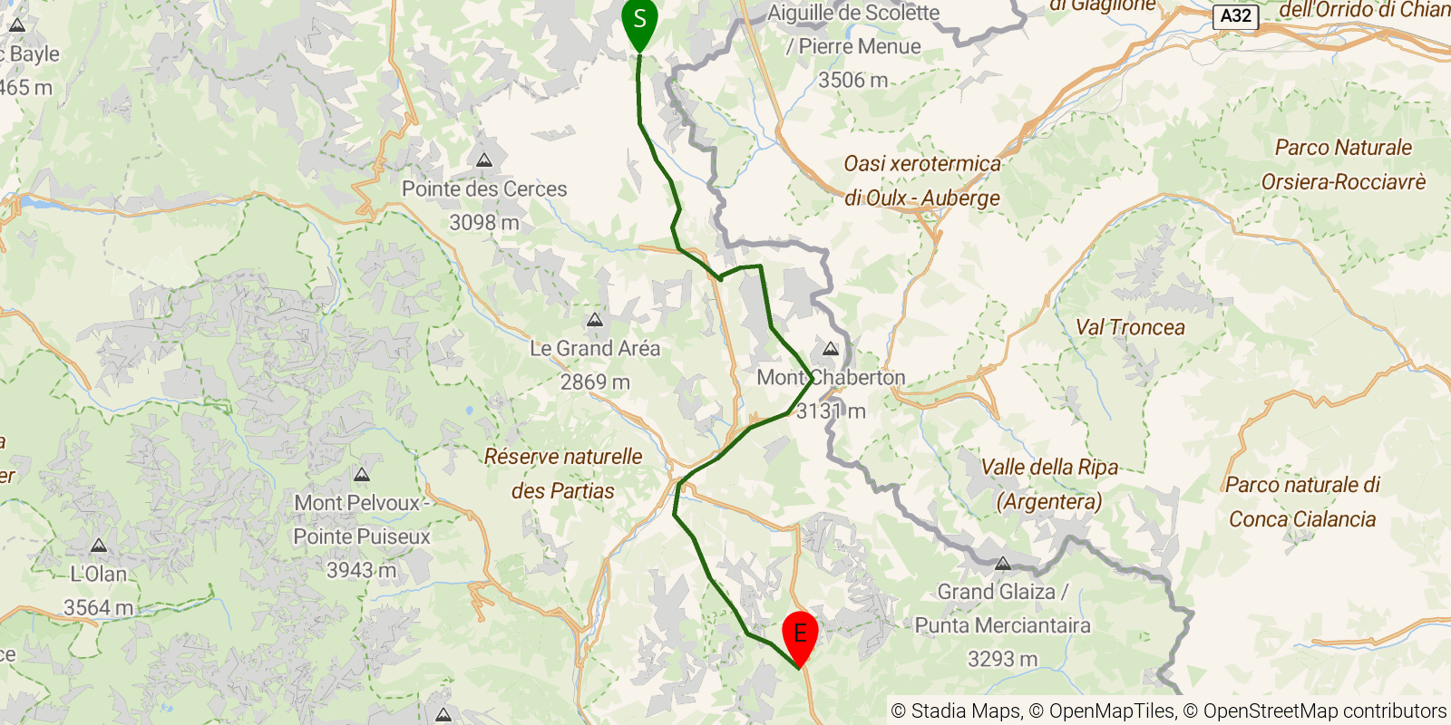 Route map of the GR5 Alpine Traverse — Stages 16–18: Refuge du Thabor to Brunissard on OpenStreetMap terrain