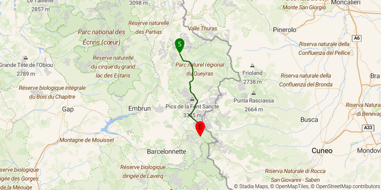 Route map of the GR5 Alpine Traverse — Stages 19–21: Brunissard to Larche on OpenStreetMap terrain
