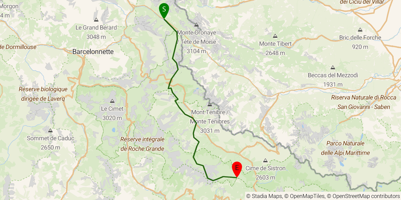 Route map of the GR5 Alpine Traverse — Stages 22–24: Larche to Refuge de Longon on OpenStreetMap terrain
