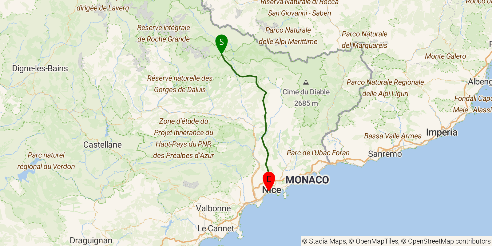 Route map of the GR5 Alpine Traverse — Stages 25–28: Refuge de Longon to Nice on OpenStreetMap terrain