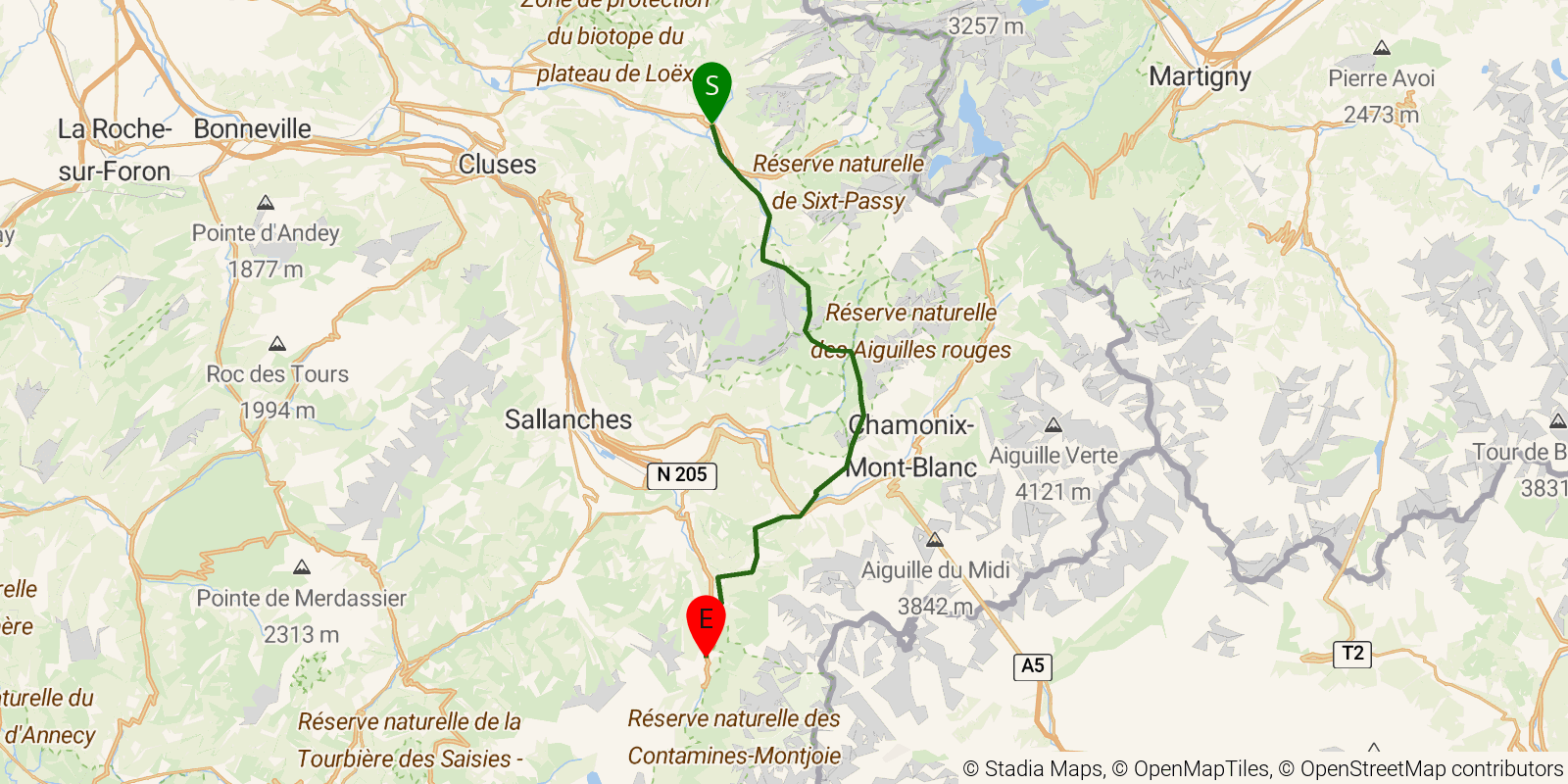 Route map of the GR5 Alpine Traverse — Stages 4–6: Samoëns to Les Contamines on OpenStreetMap terrain