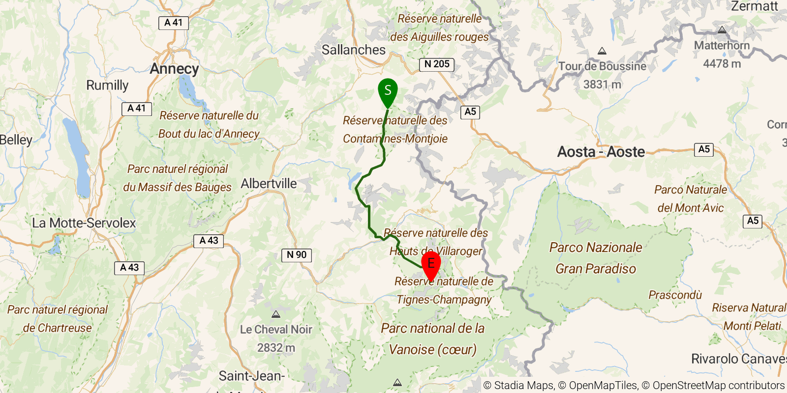 Route map of the GR5 Alpine Traverse — Stages 7–9: Les Contamines to Refuge Entre-le-Lac on OpenStreetMap terrain