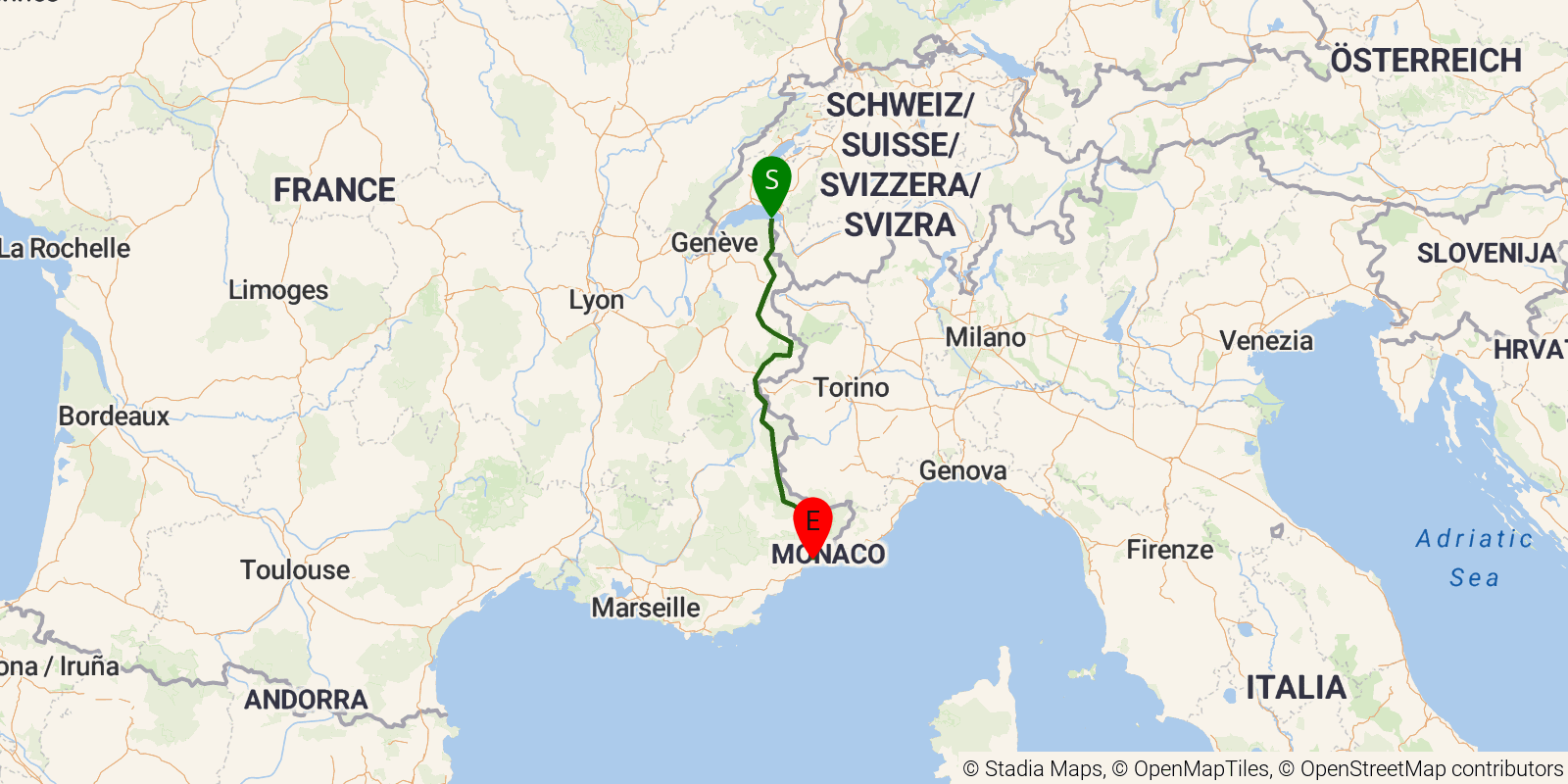 Route map of the GR5 Alpine Traverse on OpenStreetMap terrain