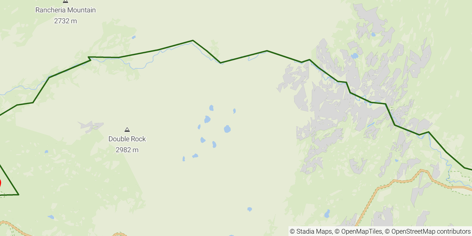 Route map of the Grand Canyon of the Tuolumne on OpenStreetMap terrain