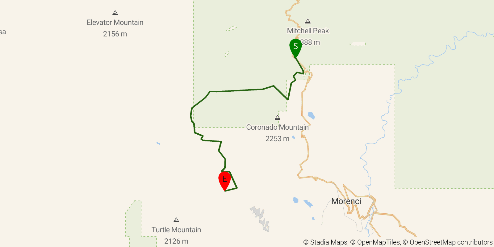 Route map of the Grand Enchantment Trail — Segment 14 on OpenStreetMap terrain