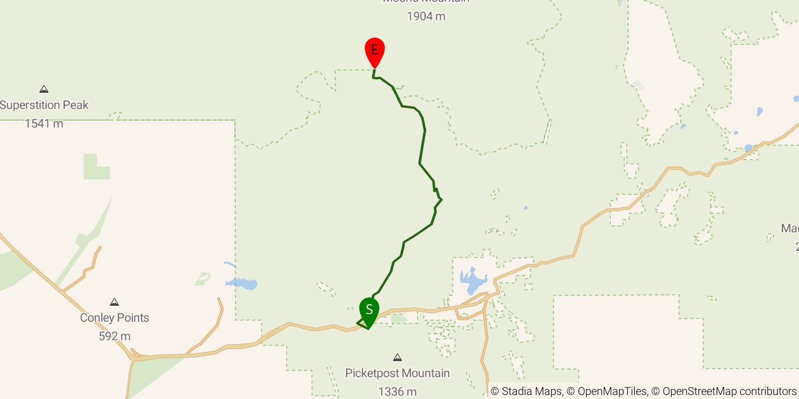 Route map of the Grand Enchantment Trail — Segment 2 on OpenStreetMap terrain
