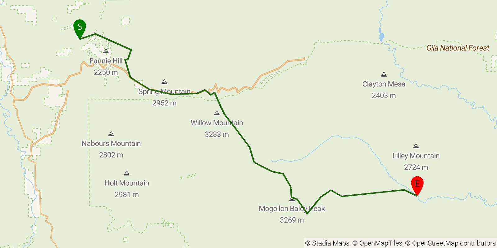 Route map of the Grand Enchantment Trail — Segment 20 on OpenStreetMap terrain