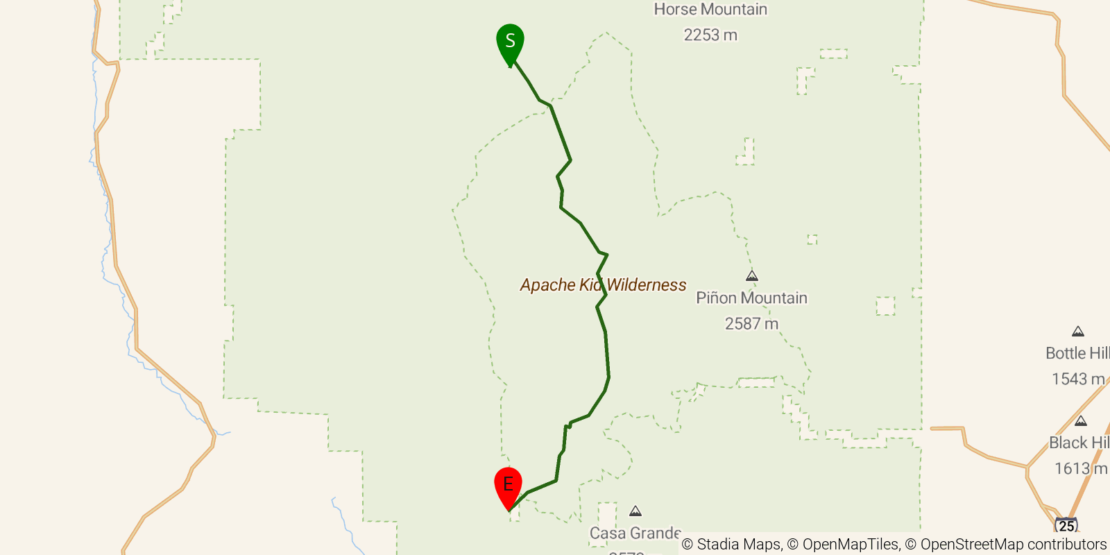 Route map of the Grand Enchantment Trail — Segment 28: Apache Kid Wilderness on OpenStreetMap terrain