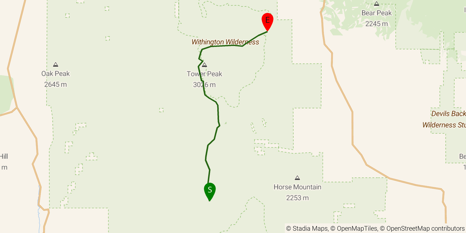 Route map of the Grand Enchantment Trail — Segment 29: Withington Wilderness on OpenStreetMap terrain