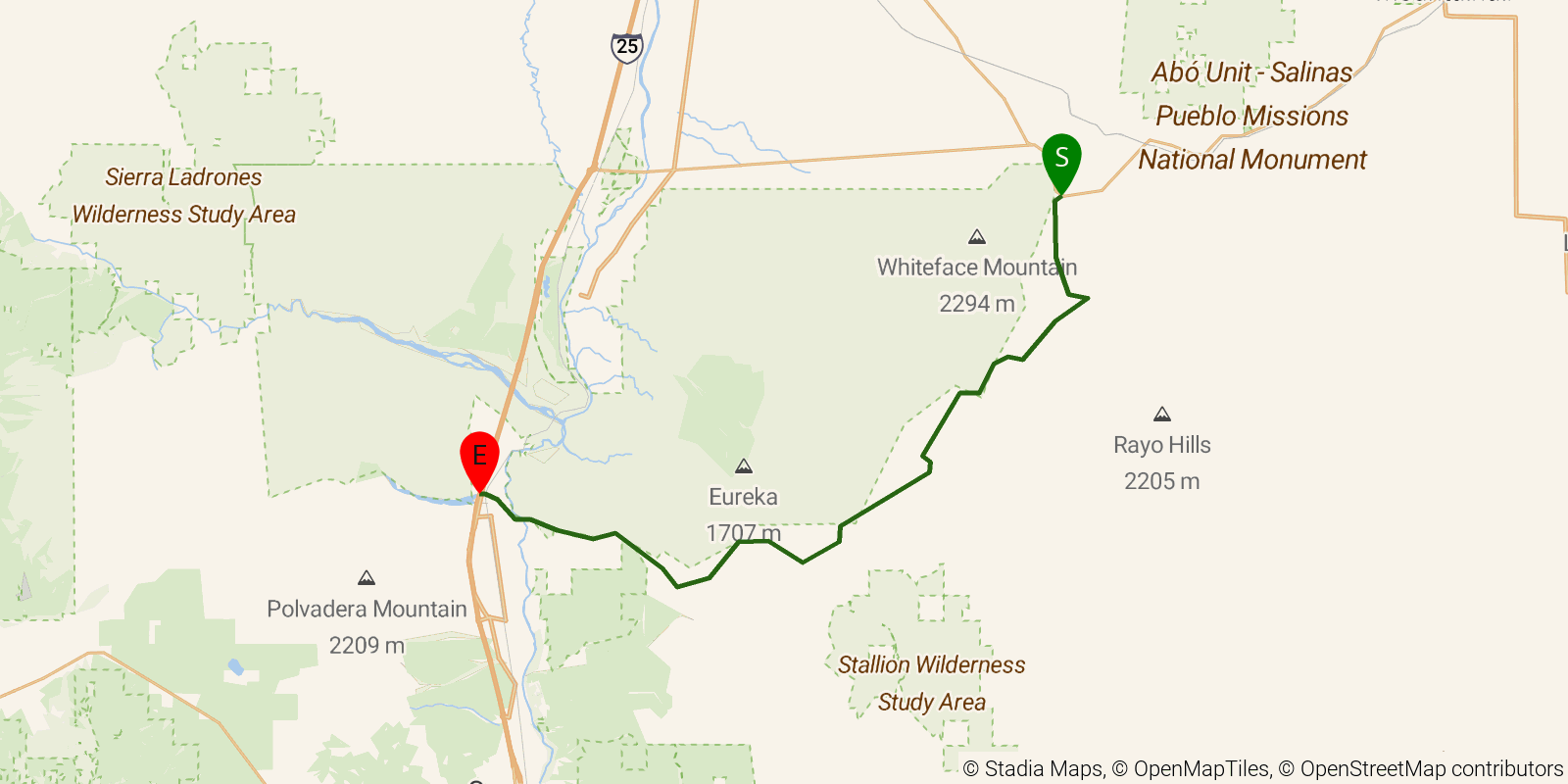 Route map of the Grand Enchantment Trail — Segment 33: Sevilleta Trace on OpenStreetMap terrain