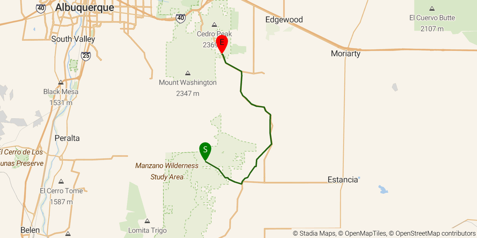 Route map of the Grand Enchantment Trail — Segment 36: Manzanita Mountains South on OpenStreetMap terrain