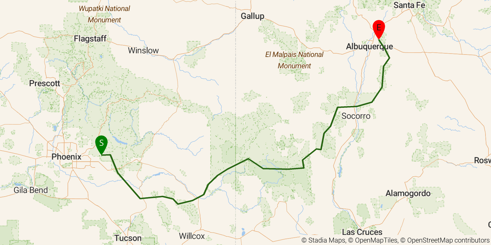 Route map of the Grand Enchantment Trail on OpenStreetMap terrain