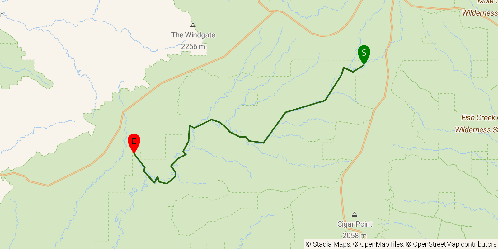 Route map of the Grand Gulch Primitive Area on OpenStreetMap terrain