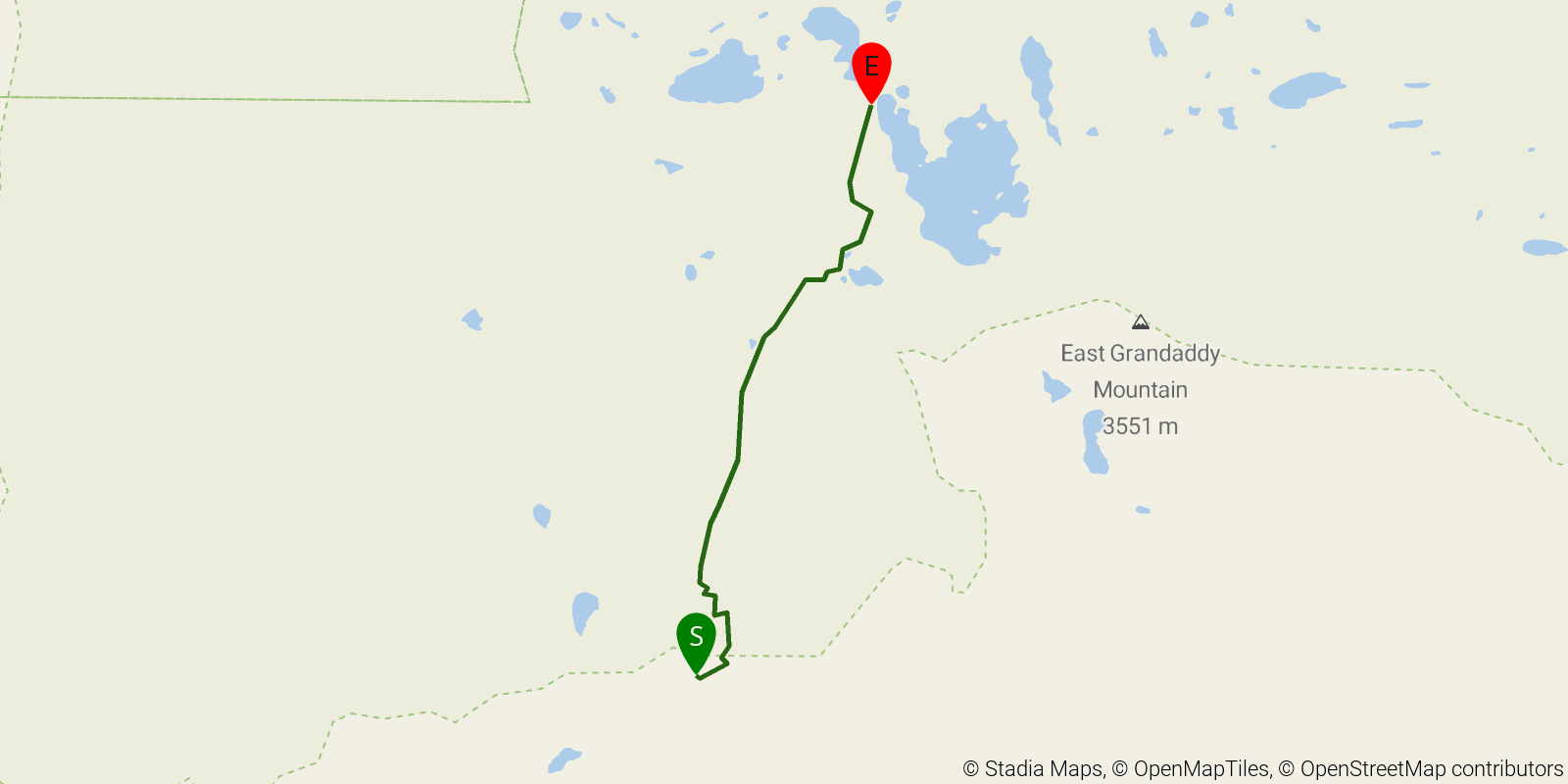 Route map of the Grandaddy Lake via Hades Pass on OpenStreetMap terrain