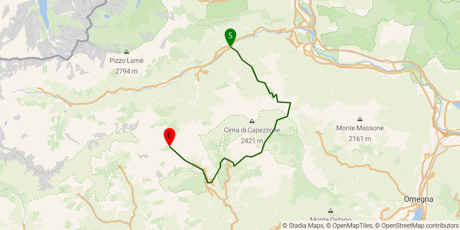 Route map of the Grande Traversata delle Alpi — Stages 19–22: Molini di Calasca to Alpe Baranca on OpenStreetMap terrain