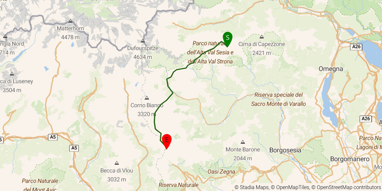 Route map of the Grande Traversata delle Alpi — Stages 23–26: Alpe Baranca to Rifugio Rivetti on OpenStreetMap terrain