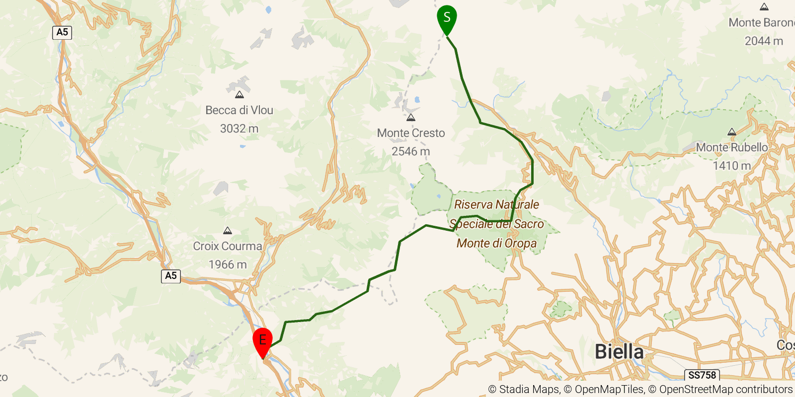 Route map of the Grande Traversata delle Alpi — Stages 27–30: Rifugio Rivetti to Quincinetto on OpenStreetMap terrain