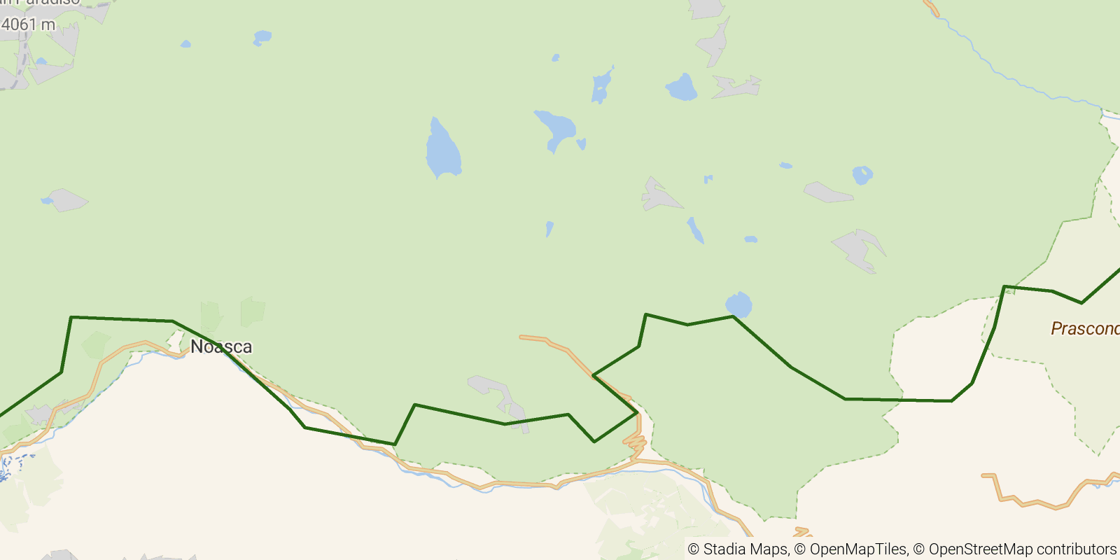 Route map of the Grande Traversata delle Alpi — Stages 35–38: Ronco Canavese to Borgata Brengi on OpenStreetMap terrain