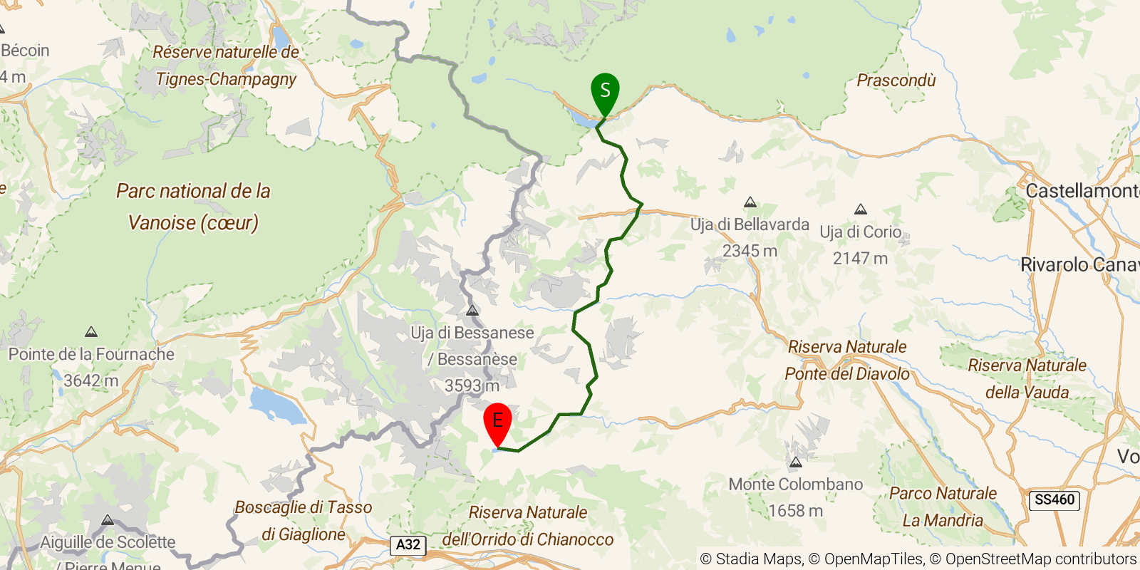 Route map of the Grande Traversata delle Alpi — Stages 39–42: Borgata Brengi to Località Malciaussia on OpenStreetMap terrain