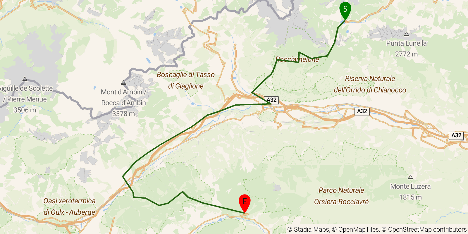 Route map of the Grande Traversata delle Alpi — Stages 43–46: Località Malciaussia to Usseaux on OpenStreetMap terrain