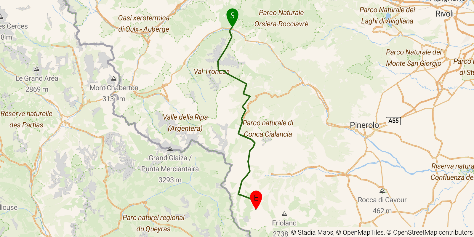 Route map of the Grande Traversata delle Alpi — Stages 47–50: Usseaux to Rifugio Barbara Lowrie on OpenStreetMap terrain