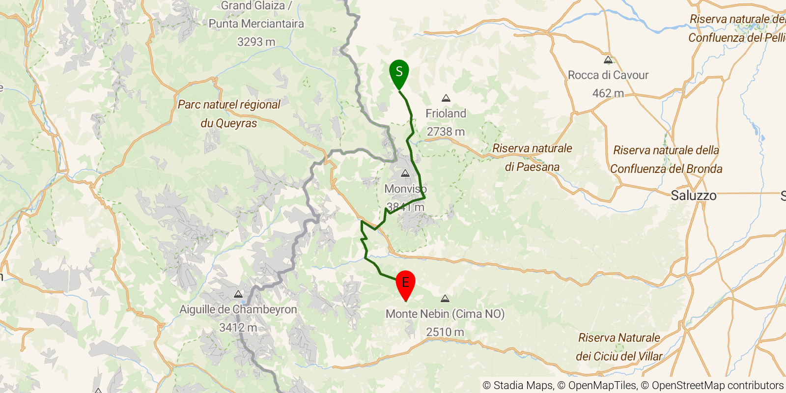 Route map of the Grande Traversata delle Alpi — Stages 51–54: Rifugio Barbara Lowrie alle Grange del Pis to Borgata Serre on OpenStreetMap terrain