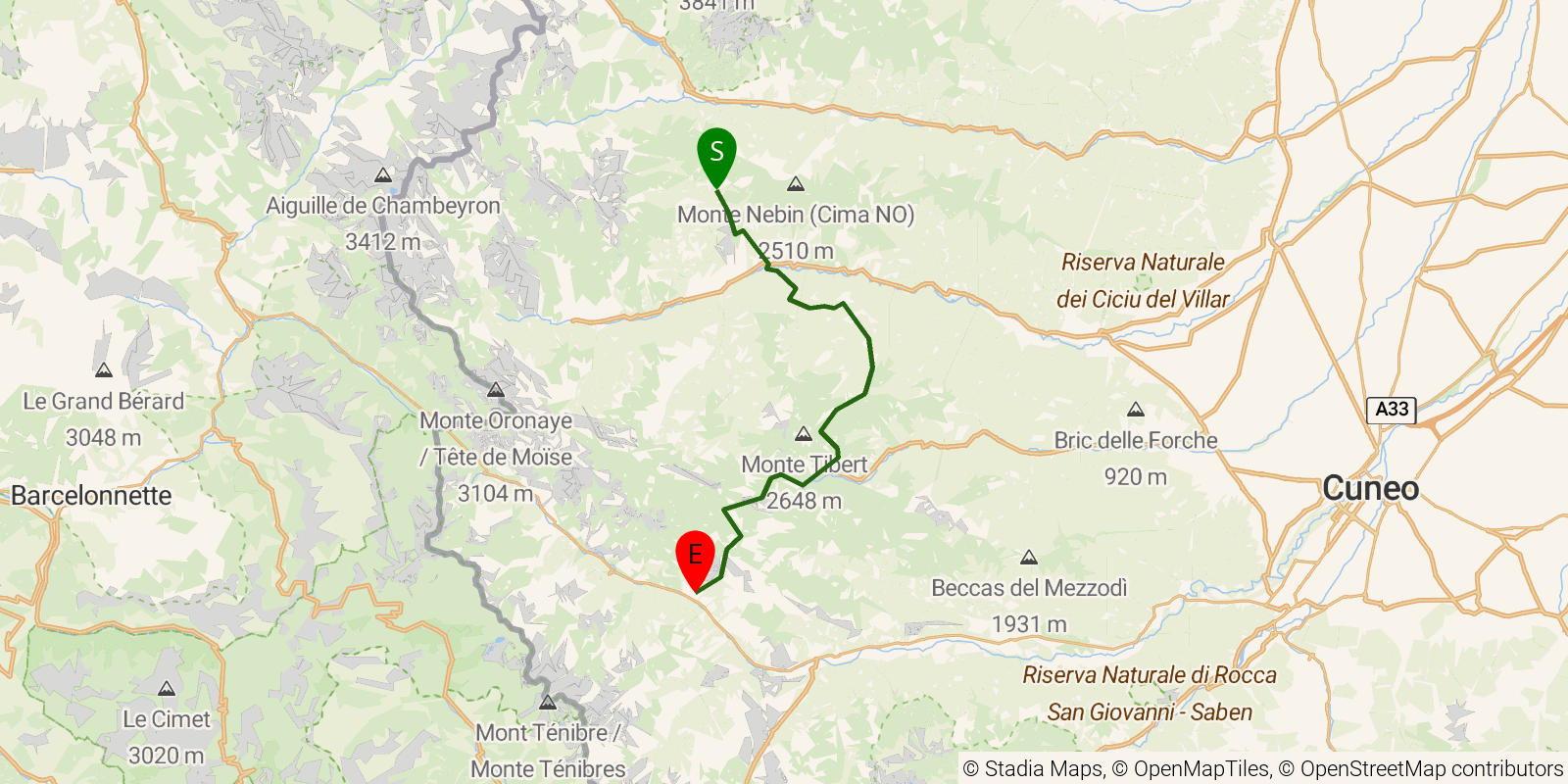 Route map of the Grande Traversata delle Alpi — Stages 55–58: Borgata Serre to Sambuco on OpenStreetMap terrain