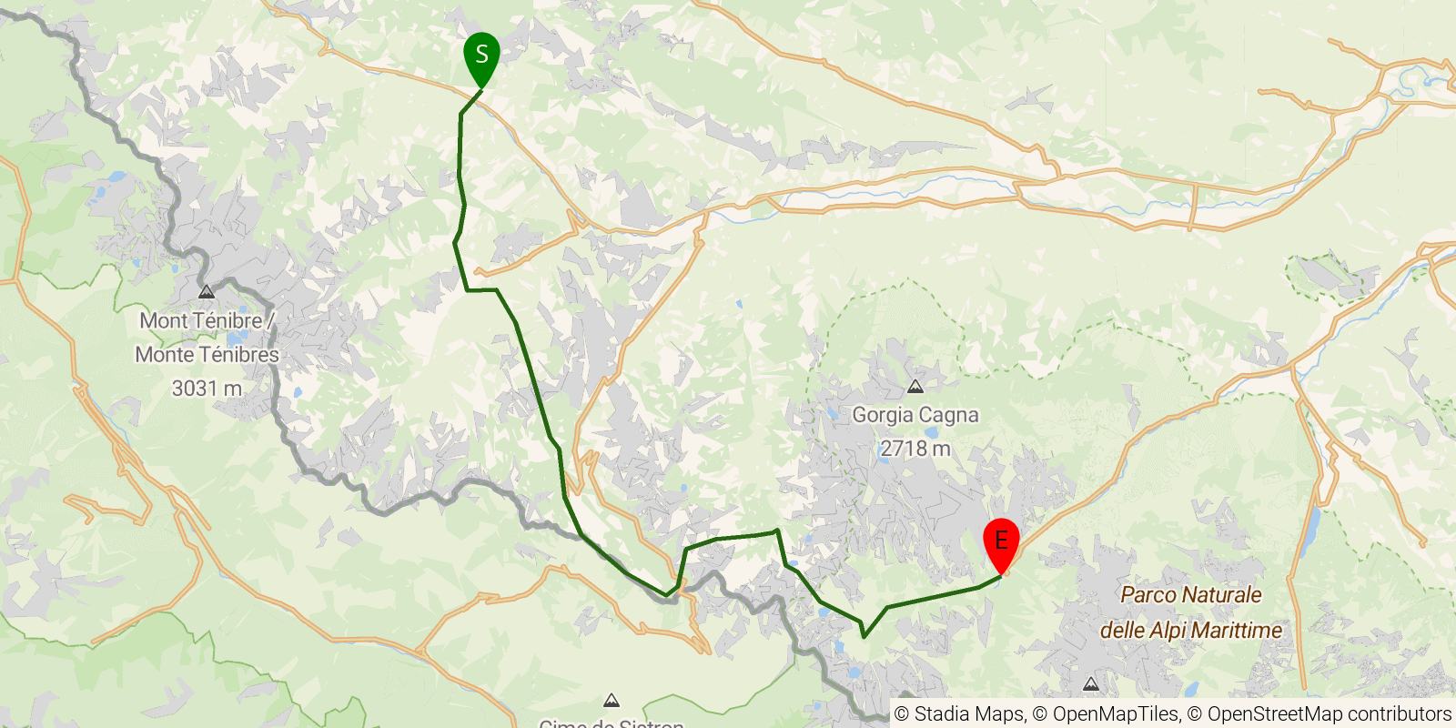 Route map of the Grande Traversata delle Alpi — Stages 59–62: Sambuco to Terme di Valdieri on OpenStreetMap terrain