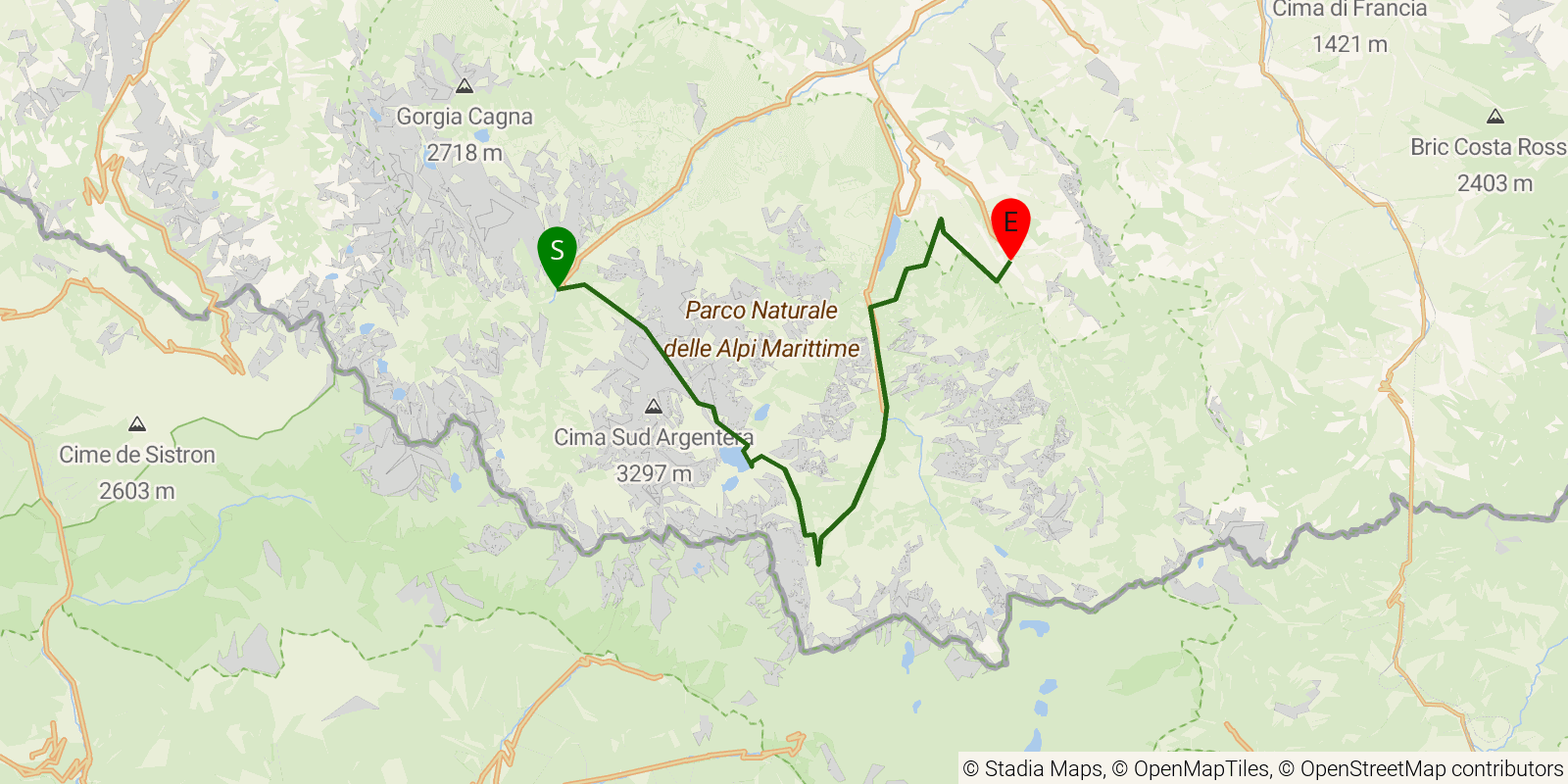 Route map of the Grande Traversata delle Alpi — Stages 63–65: Terme di Valdieri to Trinità di Entracque on OpenStreetMap terrain