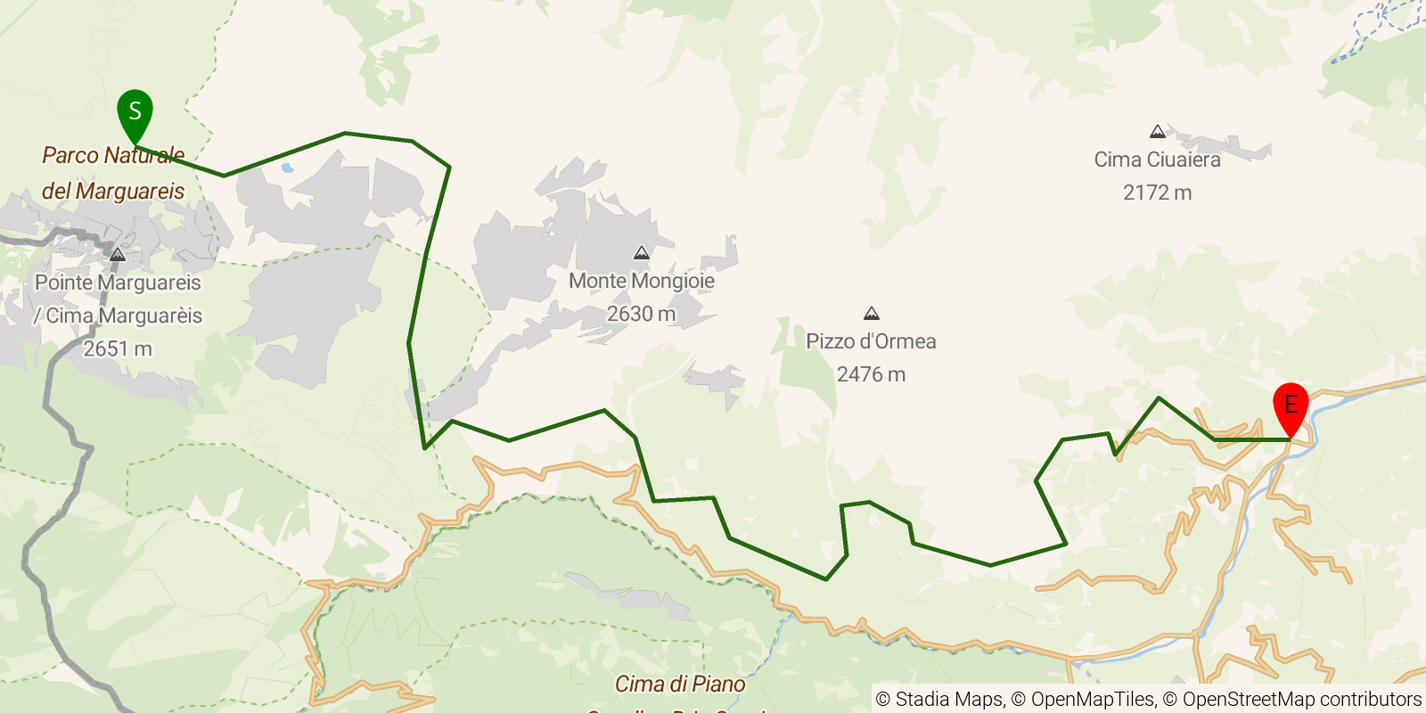 Route map of the Grande Traversata delle Alpi — Stages 69–71: Rifugio Garelli to Ormea on OpenStreetMap terrain