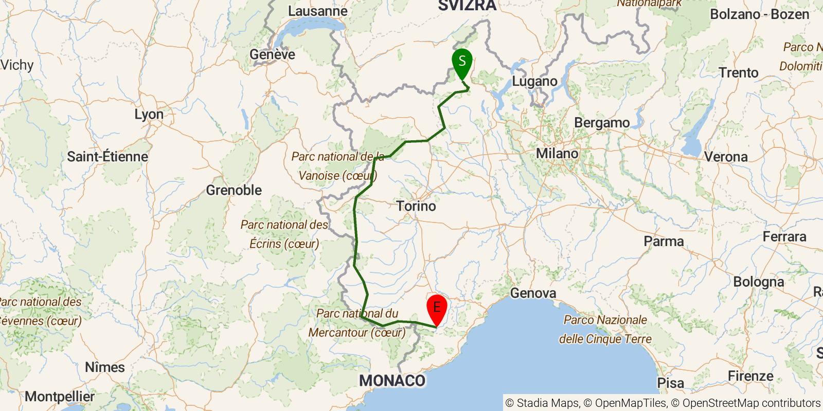 Route map of the Grande Traversata delle Alpi on OpenStreetMap terrain