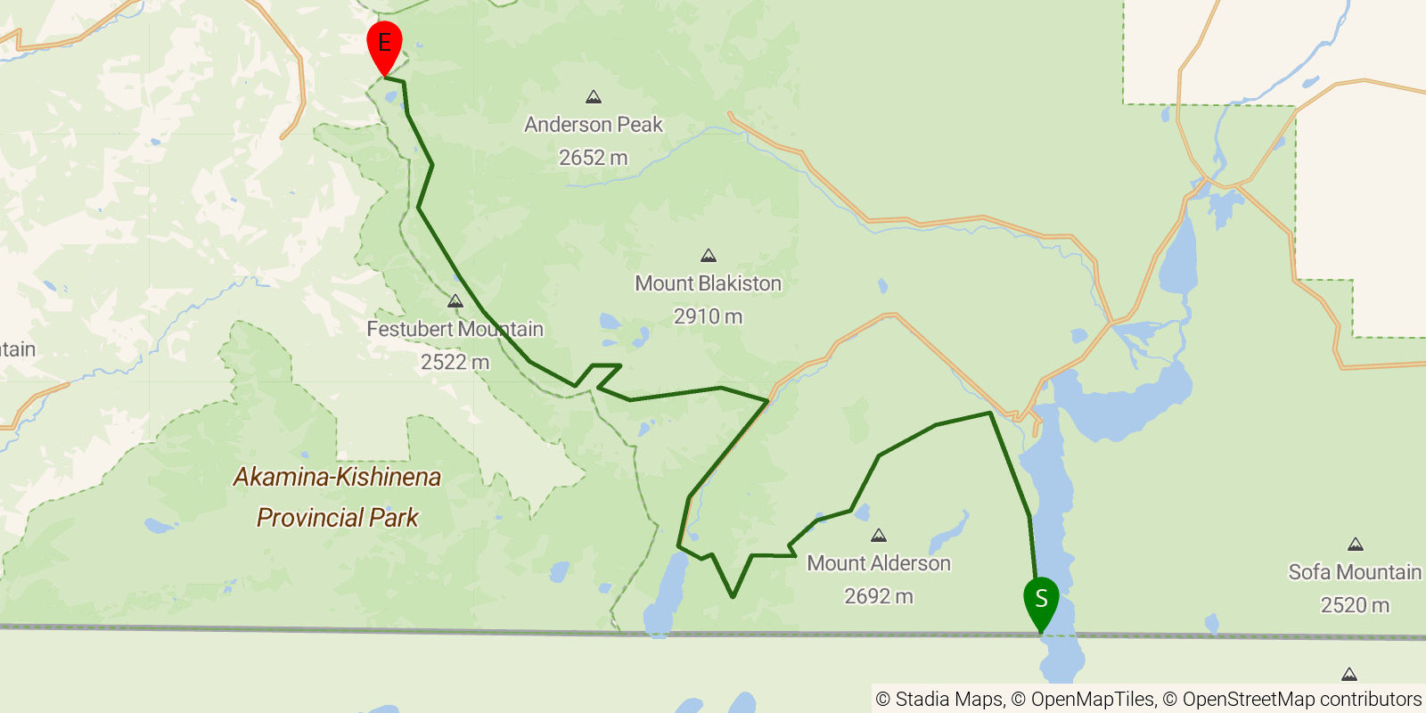 Route map of the Great Divide Trail — Section A1: International Boundary to Mount Rowe–Sage Pass junction on OpenStreetMap terrain