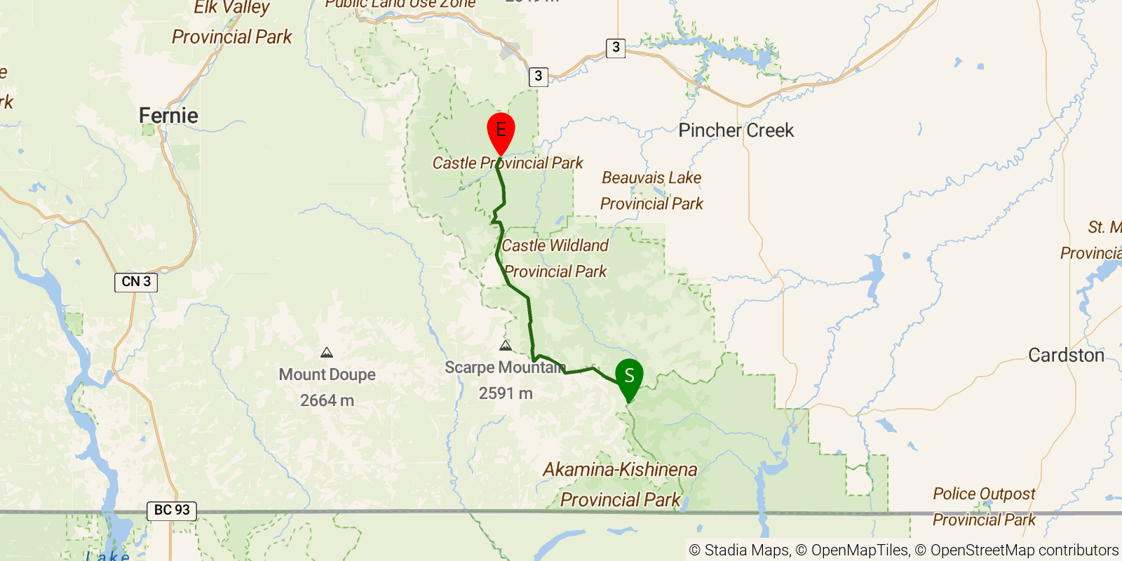 Route map of the Great Divide Trail — Section A2: Mount Rowe–Sage Pass junction to Carbondale River Road on OpenStreetMap terrain