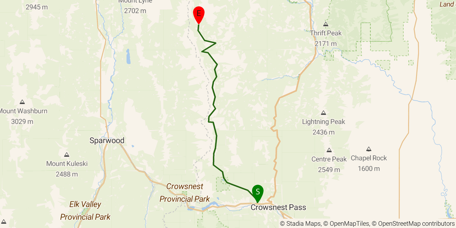 Route map of the Great Divide Trail — Section B1: Coleman to North Fork Pass on OpenStreetMap terrain