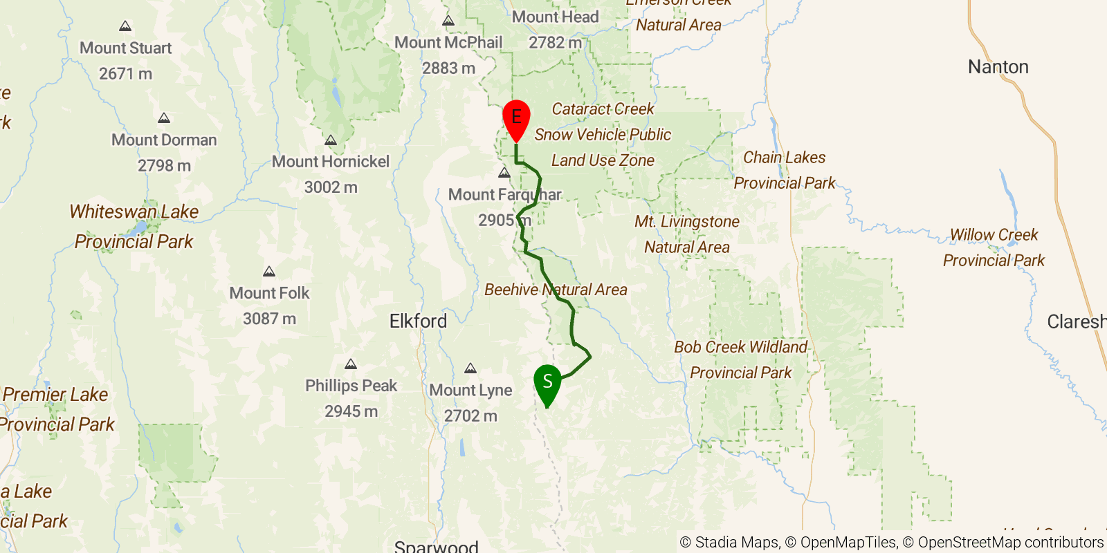 Route map of the Great Divide Trail — Section B2: North Fork Pass to Baril Creek / Fording River corridor on OpenStreetMap terrain