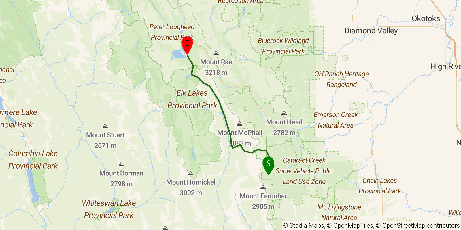 Route map of the Great Divide Trail — Section B3: Baril Creek / Fording River corridor to Elk Pass trailhead (Peter Lougheed Provincial Park) on OpenStreetMap terrain