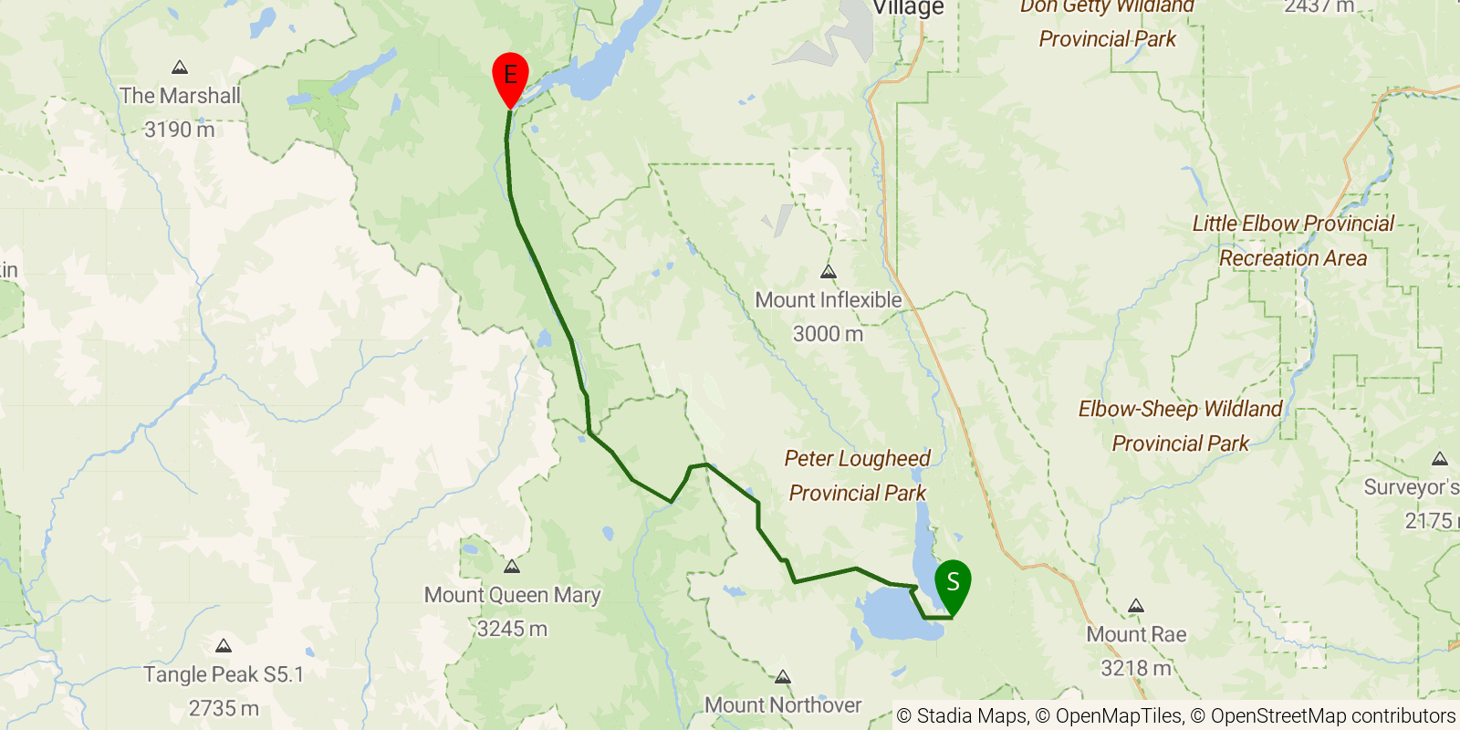 Route map of the Great Divide Trail — Section C1: Elk Pass trailhead (Peter Lougheed Provincial Park) to Palliser River valley on OpenStreetMap terrain
