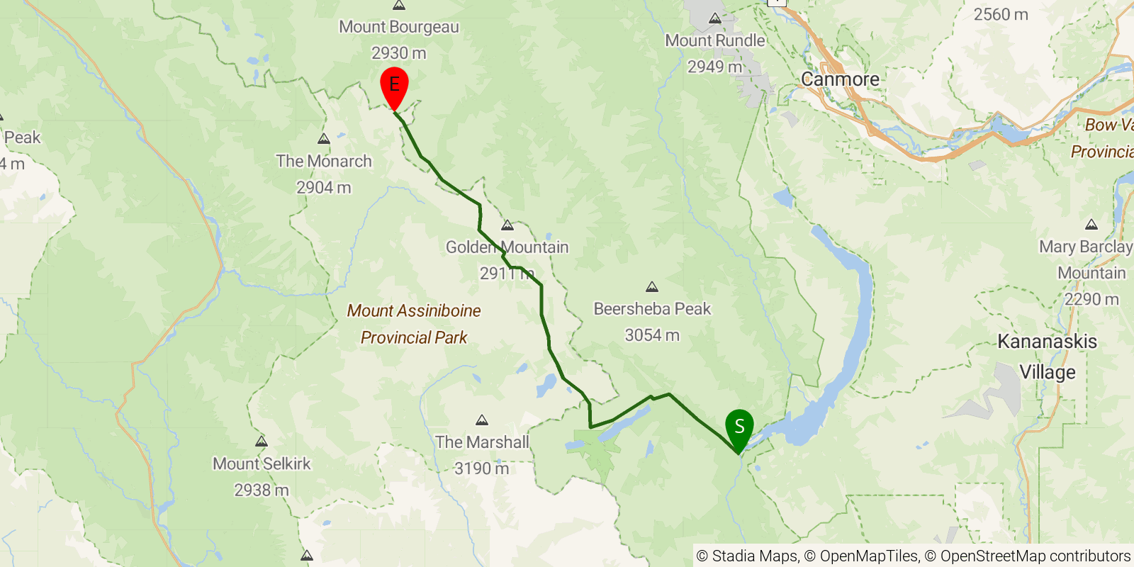 Route map of the Great Divide Trail — Section C2: Palliser River valley to Sunshine Village / Rock Isle Trail junction on OpenStreetMap terrain