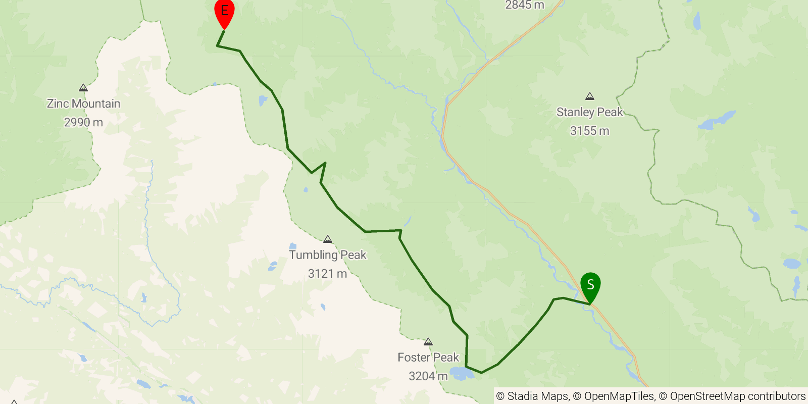Route map of the Great Divide Trail — Section C4: Floe Lake trailhead (Banff–Windermere Parkway) to Helmet Creek junction on OpenStreetMap terrain