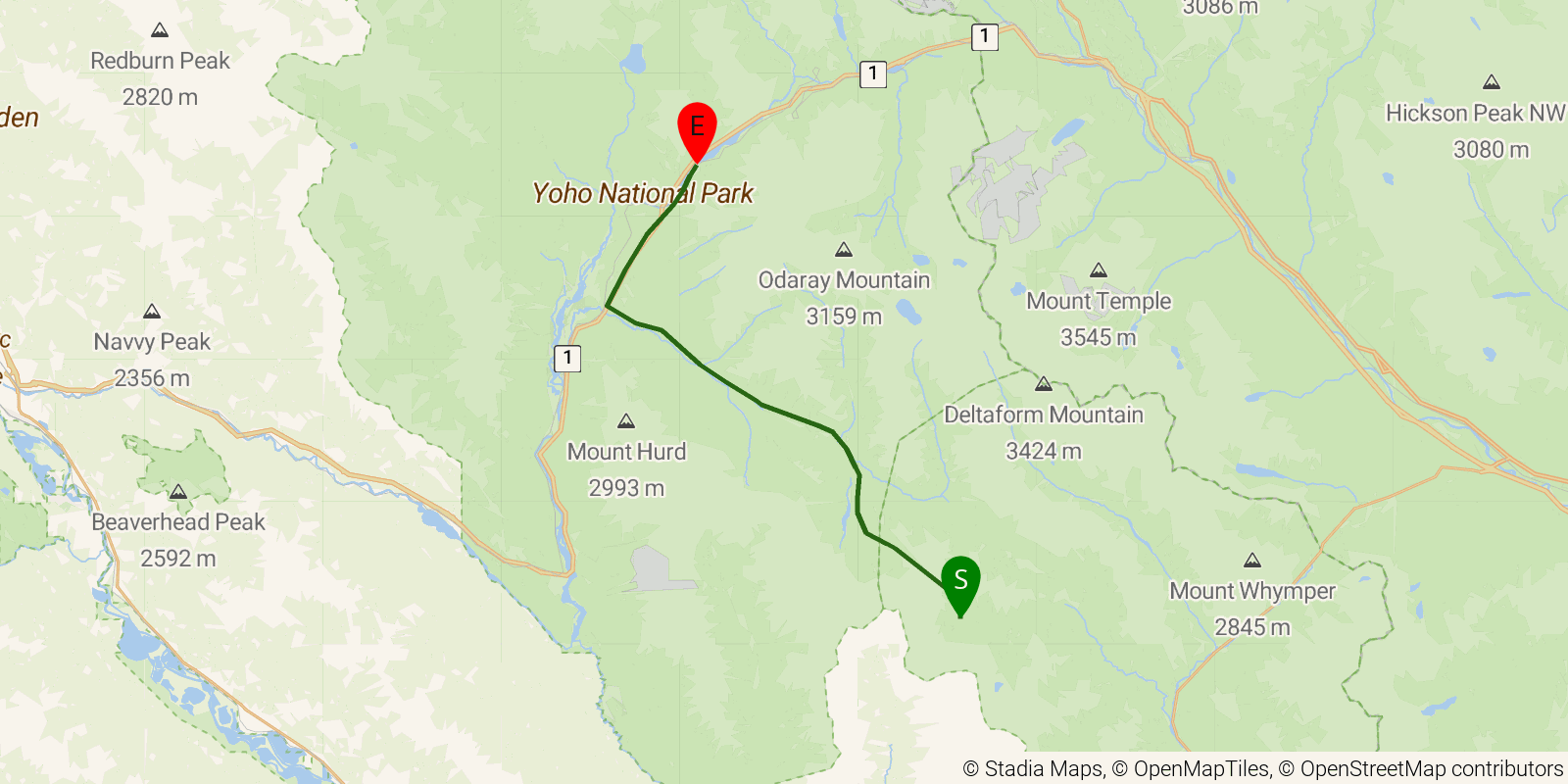 Route map of the Great Divide Trail — Section C5: Helmet Creek junction to Field on OpenStreetMap terrain
