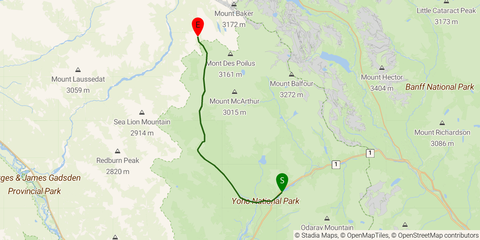 Route map of the Great Divide Trail — Section D1: Field to Amiskwi Pass on OpenStreetMap terrain