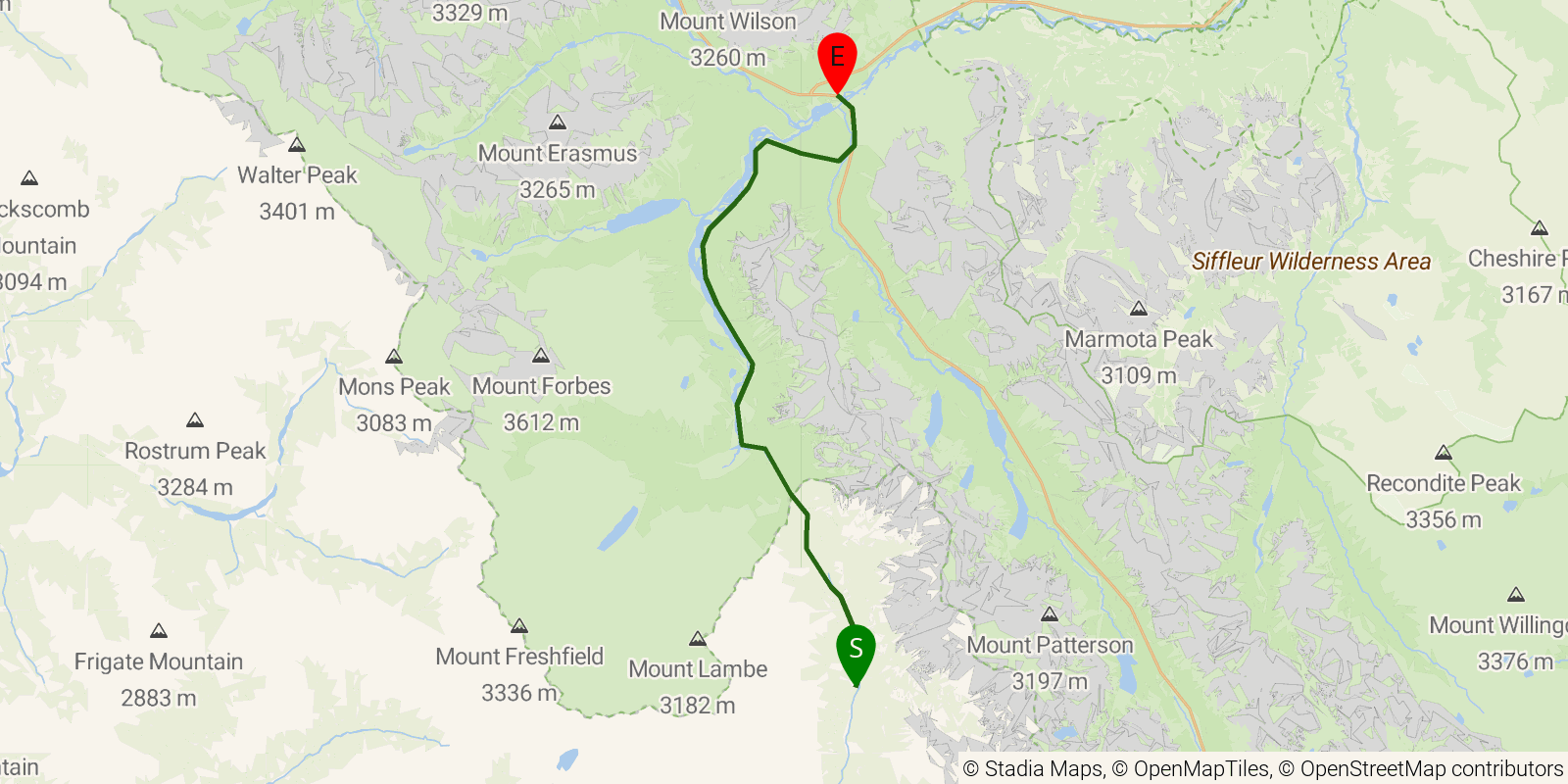 Route map of the Great Divide Trail — Section D3: Blaeberry River / David Thompson Heritage Trail to Saskatchewan Crossing on OpenStreetMap terrain