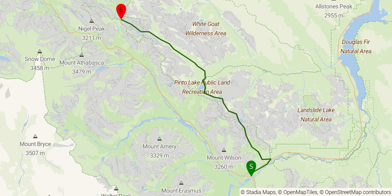 Route map of the Great Divide Trail — Section E1: Saskatchewan Crossing to Nigel Pass on OpenStreetMap terrain