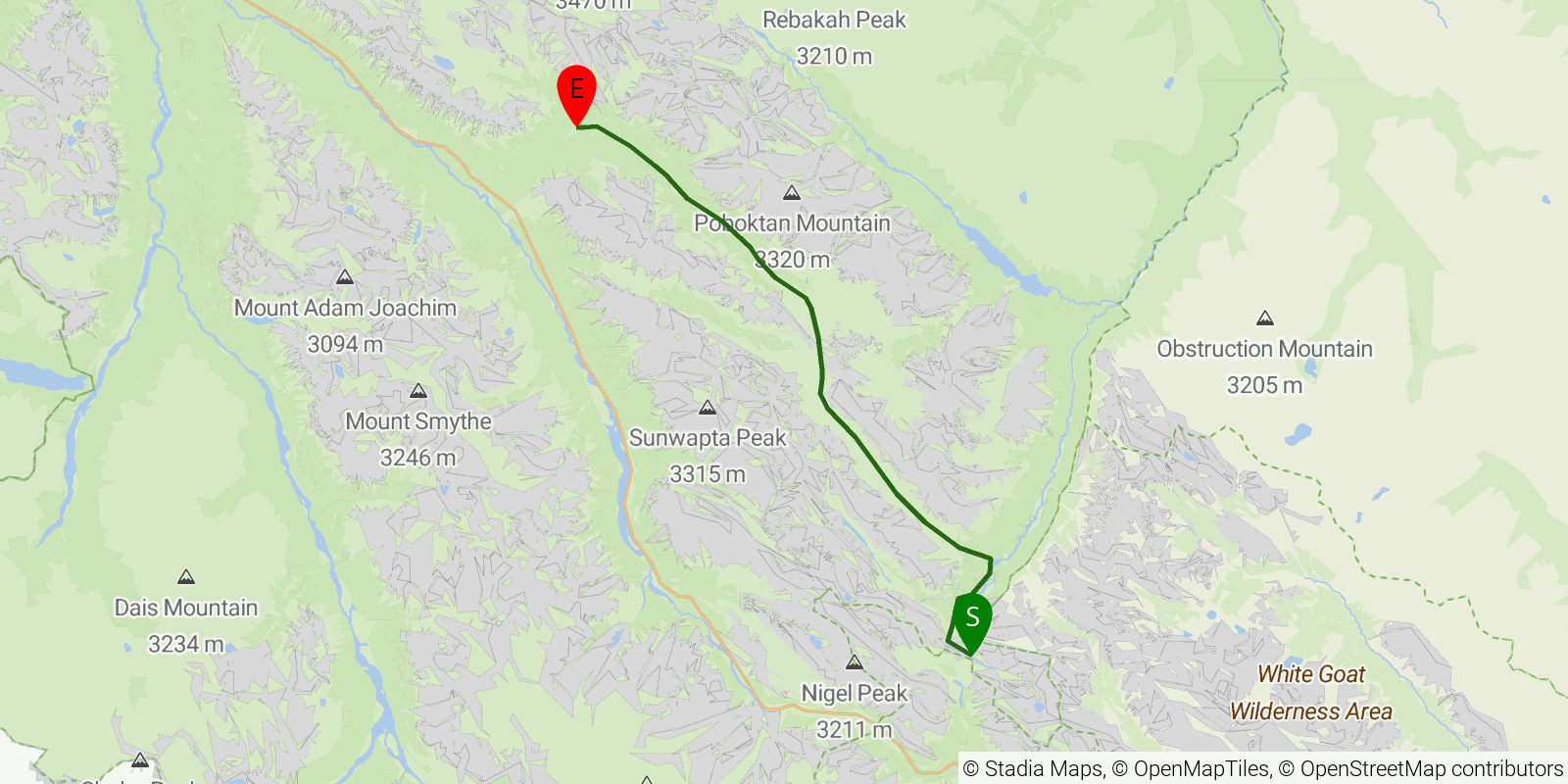 Route map of the Great Divide Trail — Section E2: Nigel Pass to Maligne Pass on OpenStreetMap terrain