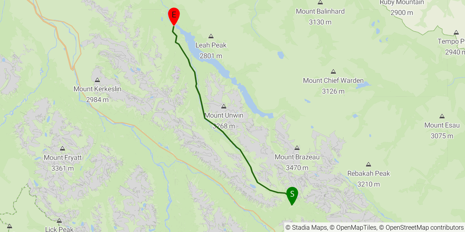 Route map of the Great Divide Trail — Section E3: Maligne Pass to Maligne Lake / Bald Hills trailhead on OpenStreetMap terrain