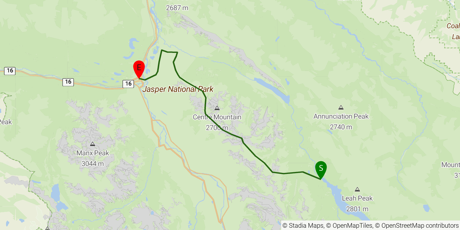 Route map of the Great Divide Trail — Section E4: Maligne Lake / Bald Hills trailhead to Jasper on OpenStreetMap terrain