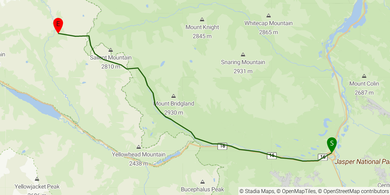Route map of the Great Divide Trail — Section F1: Jasper to Moose River junction on OpenStreetMap terrain