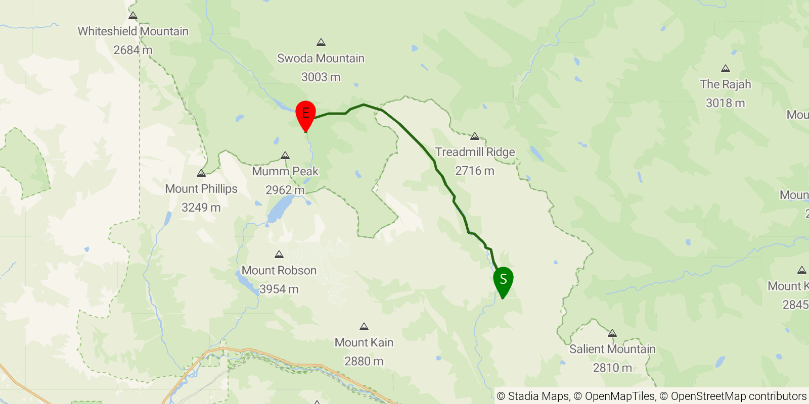 Route map of the Great Divide Trail — Section F2: Moose River junction to Mount Robson / Berg Lake junction on OpenStreetMap terrain
